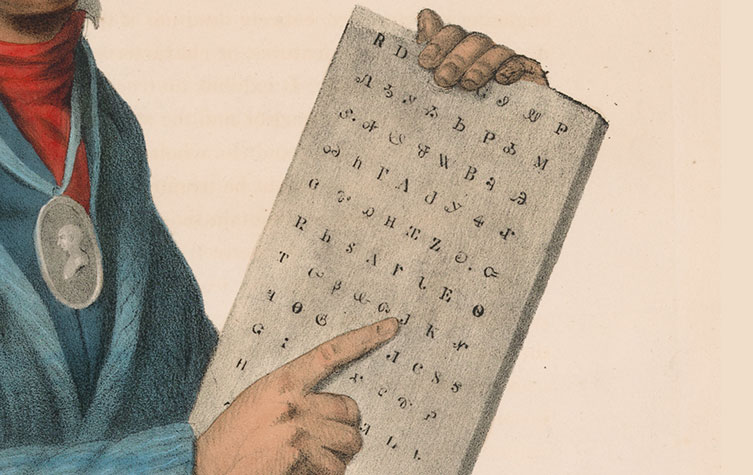 Part of the portrait of Sequoyah, showing the syllabary he developed in more detail