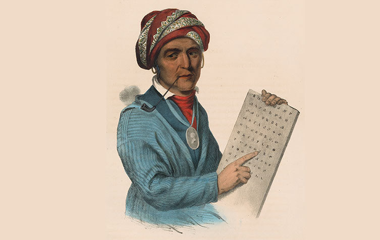 A portrait of Sequoyah holding a tablet covered in symbols - the syllabary that he developed