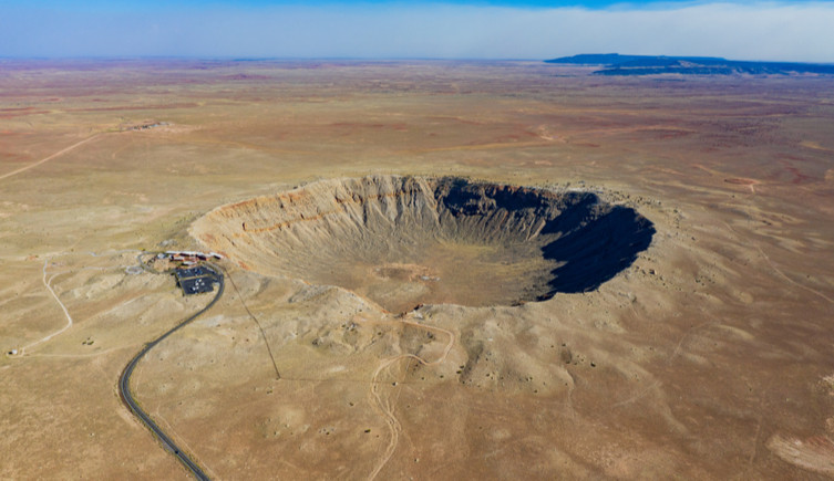 An aerial view of a large meteorite crater in Arizona