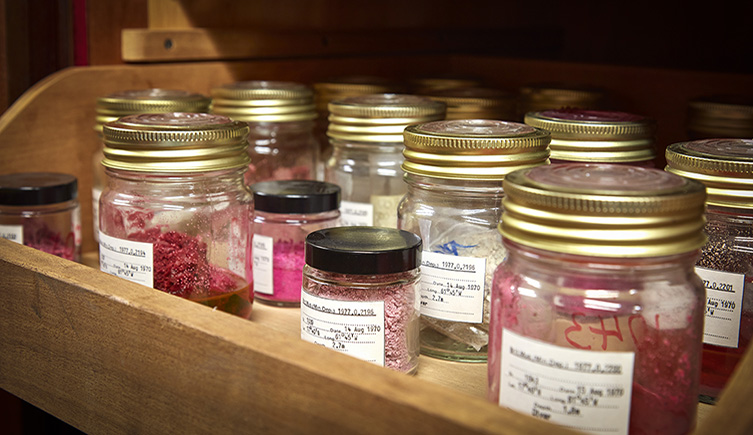A draw of glass jars, each containing various scientific samples. 