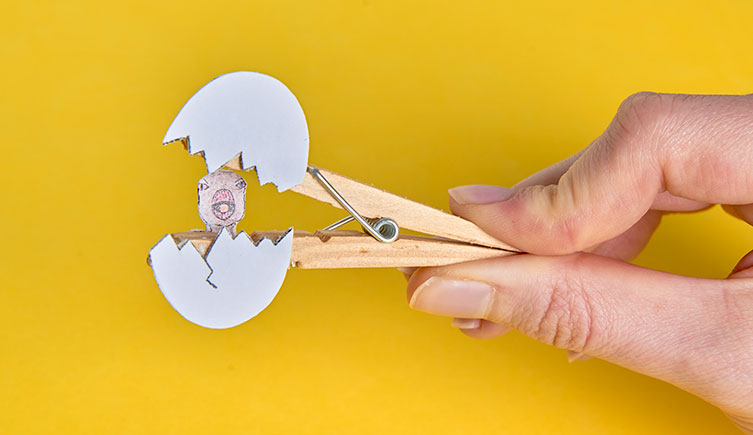 The finished hatching egg, showing someone's fingers pinching the ends of the peg together so that the egg splits apart and the baby dinosaur is revealed