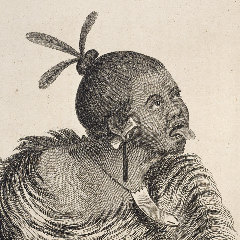 Drawing of a Maori warrior with his tongue out