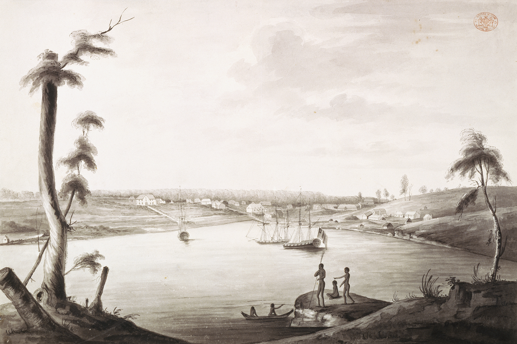 an early picture of Sydney Cove with a group of Aboriginal inhabitants in the foreground