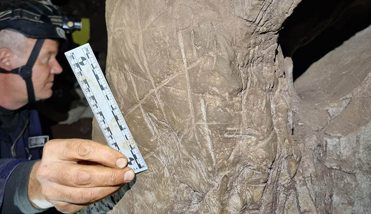 The wall of the cave showing straight lines engraved on its surface in a hashtag-like pattern. 