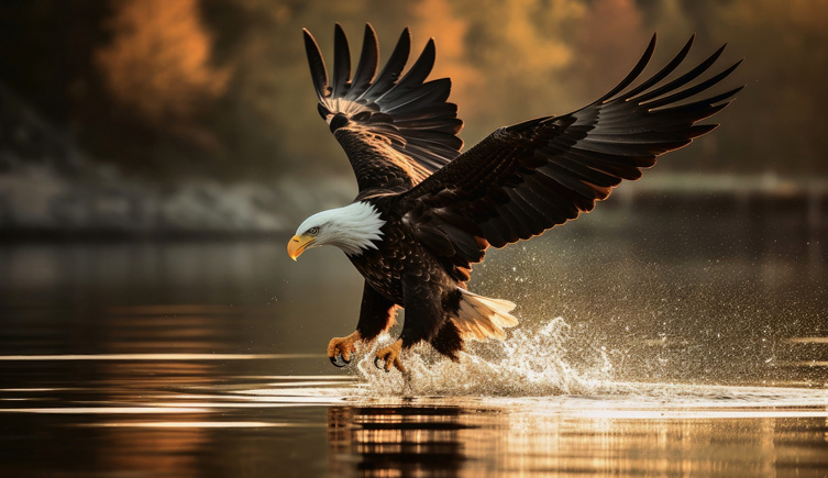 Eagle flying above the surface of the water, talons ready to catch prey