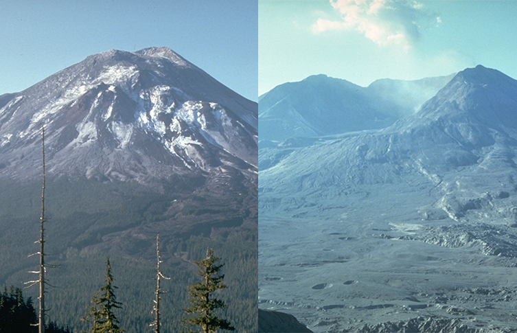 A side-by-side comparison of Mount St Helens before and after its 1980 eruption, showing how the event collapsed the northern face of the mountain, leaving an open crater. 