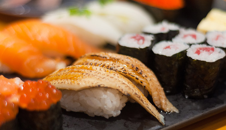 Eel sushi in a restaurant. European eels are now listed by the International Union for Conservation of Nature (IUCN) as critically endangered.