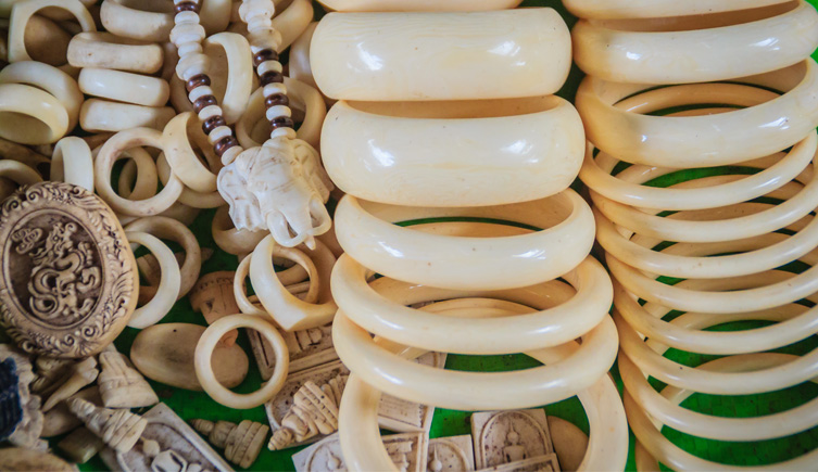 Rings, amulets and bracelets made of ivory are amoung the objects on sale in a Thai-Cambodia border market