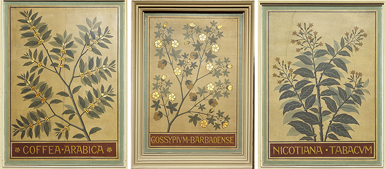Three decorative panels from the ceiling of Hintze Hall