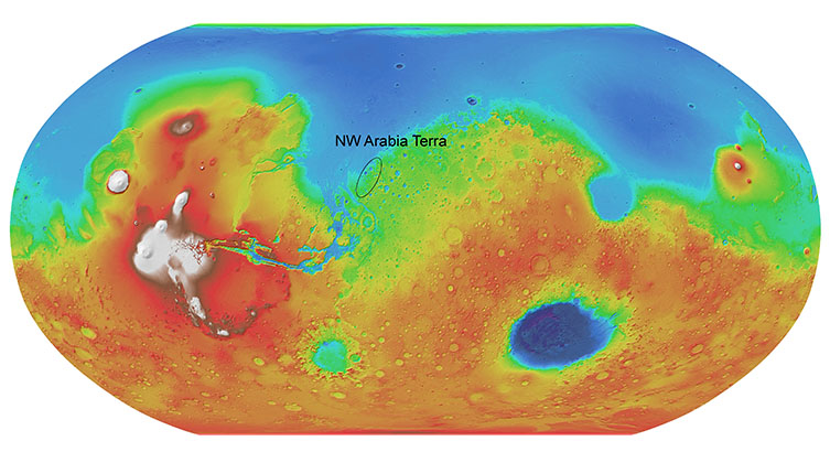 Map of Mars highlighting the region of two potential landing sites