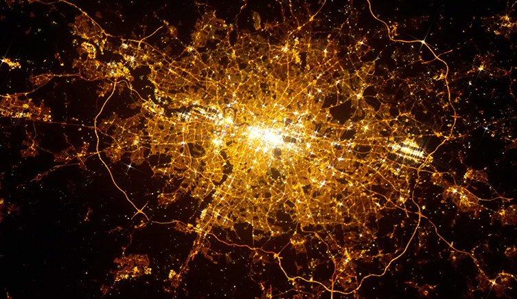 View of London light pollution at night from space © Vladi333/Shutterstock