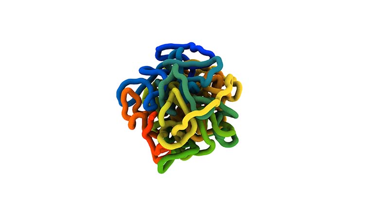 A reconstruction of what the mammoth's chromosomes, looking like a colourful tangled ball of strings.