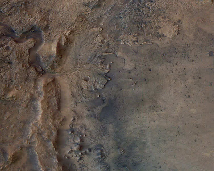 An ariel view of the Jezero Crater where the ancient river flowed into a lake