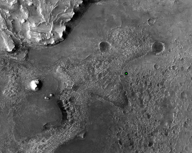 A black and white ariel view of the landing site on Mars