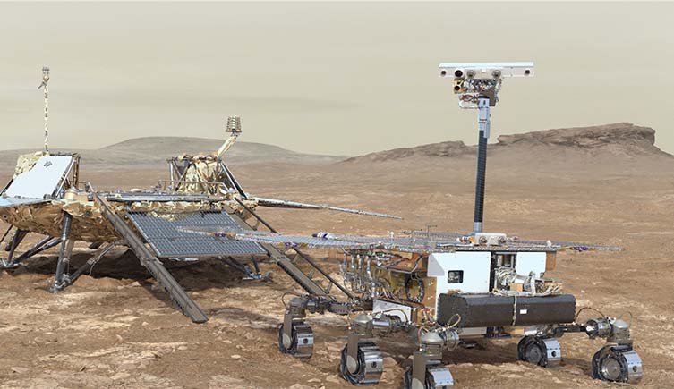 An artist's impression of the ExoMars rover deploying on Mars.