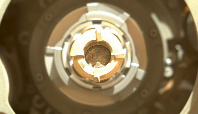 A close up showing the rock core safely in the tube. 