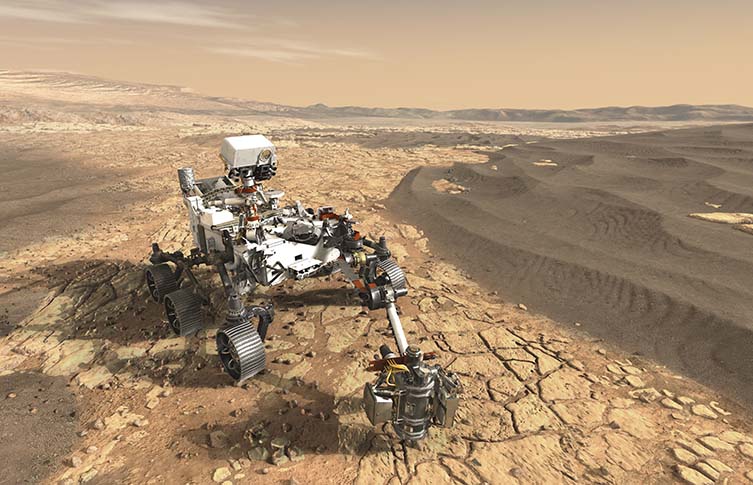 Computer generated picture of Perserverance on Mars, drilling into the red rock.