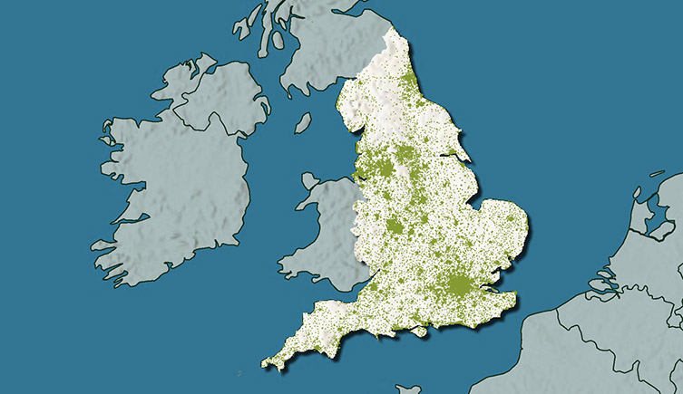 A map of England, with all the schools marks in green. 
