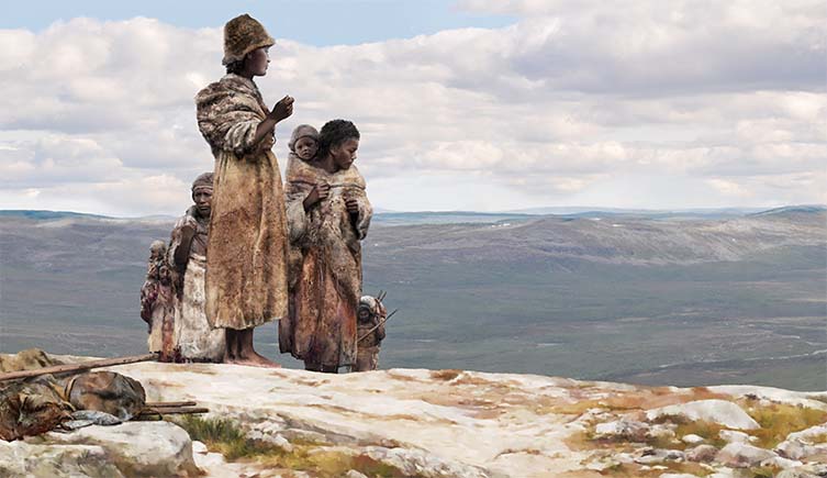An illustration of the Zlatý kůň/Ranis group as they traverse the steppes of Europe, wearing animal hide clothing.