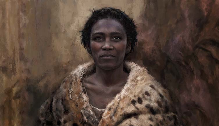 An artist's illustration of what the human found at Zlatý kůň could have looked like. They have black skin, black hair and are wearing an animal hide.