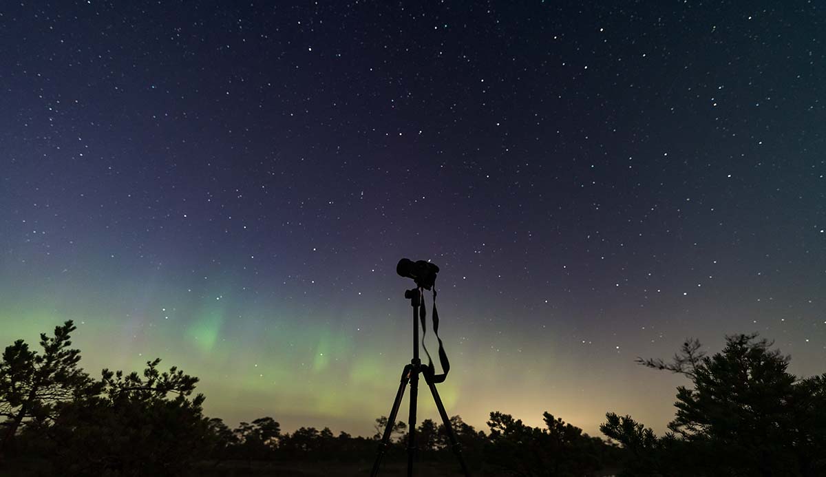 A camera on a tripod silhouetted against a dark sky with an aurora.
