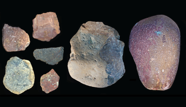 A selection of Oldowan stone tools, include hammerstones, cores and flakes