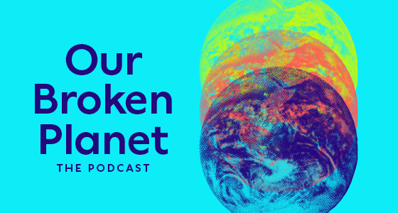 Podcast creative showing three overlaid globes in blue, orange and yellow
