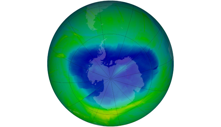 An image showing the ozone hole over Antarctica, with the hole highlighted in blue.