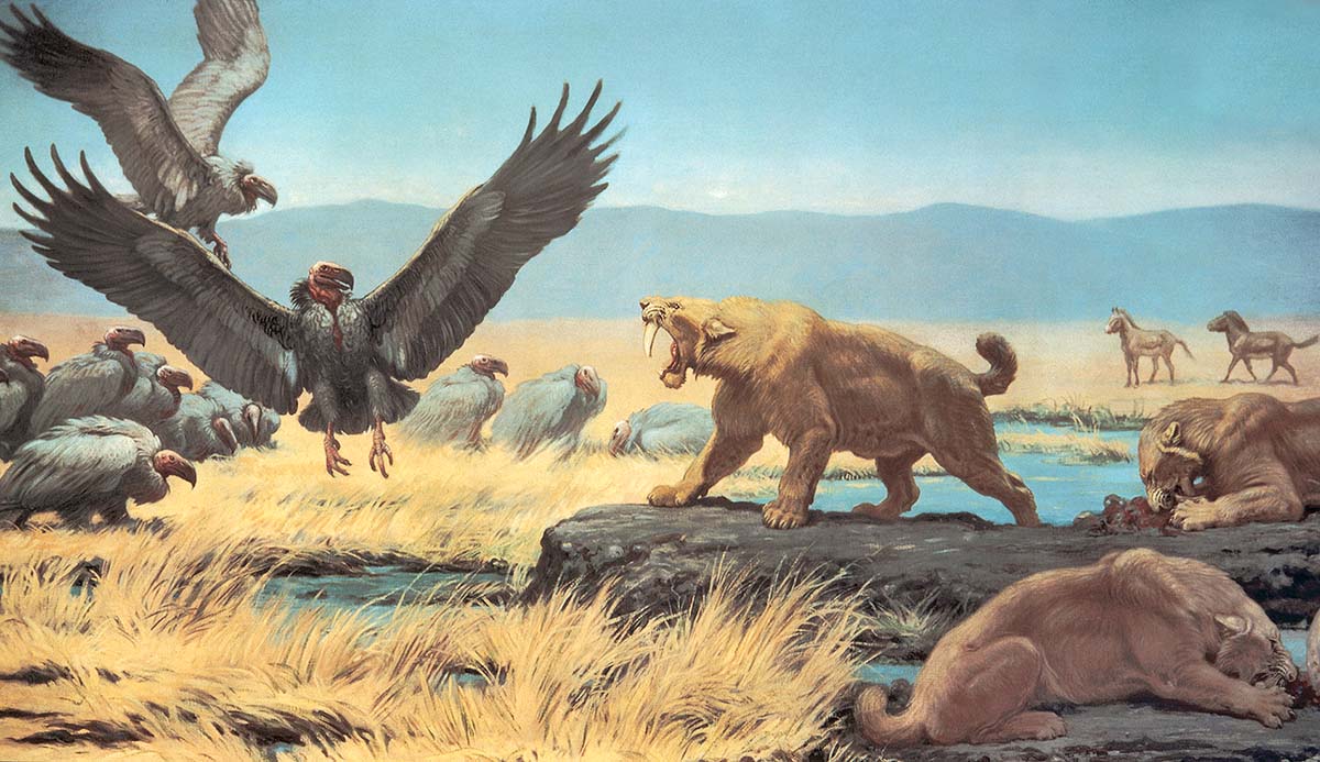A mural of sabretoothed predators and vultures in the La Brea Tar Pools.