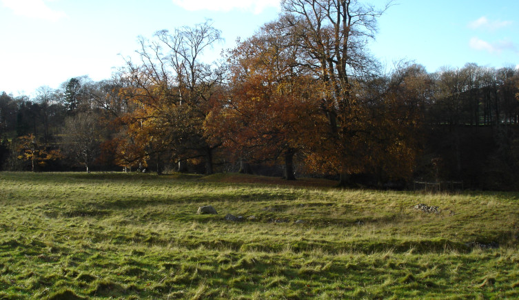 A ring shaped depression in the ground marking out Levens Park cairn, against trees in the background.