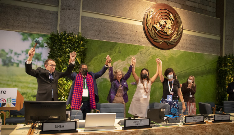 Delegates at the UNEA conference celebrate after the resolution is adopted