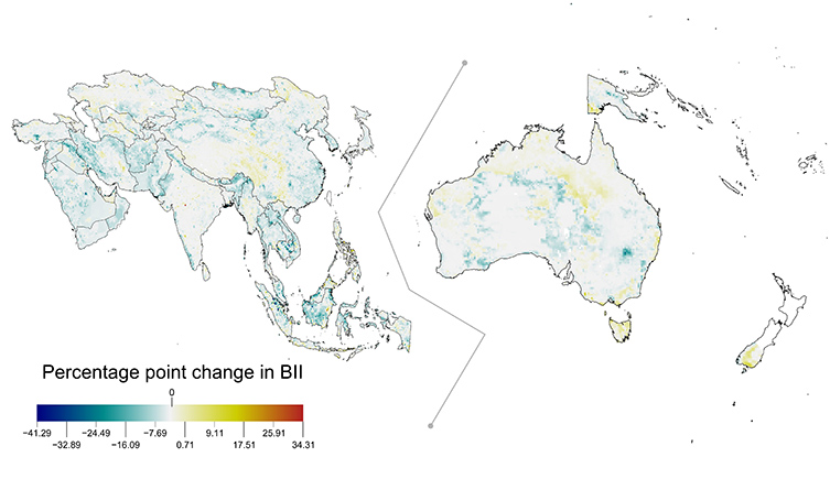 A map showing the continents Asia and Oceania, highlighting where biodiversity is incresaeing and where it is decreasing. 