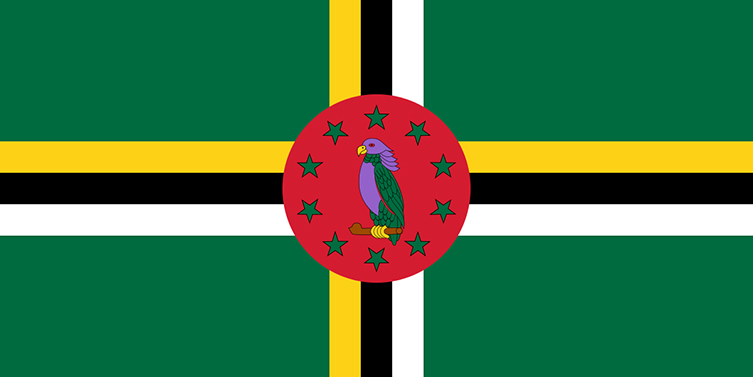 The flag of Dominica. It has a green background, with a cross of yellow, black and white. In the centre is a red disk  that bears an Imperial Parrot, surrounded by stars.