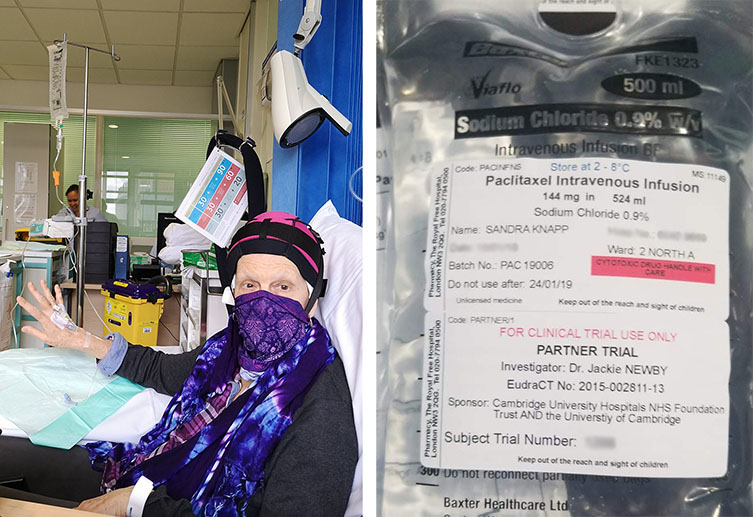 Sandy undergoes breast cancer treatment in hospital (left), with an IV drip (right)