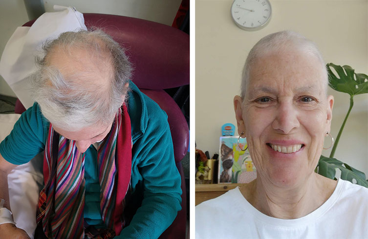 Two images showing Snady with short hair