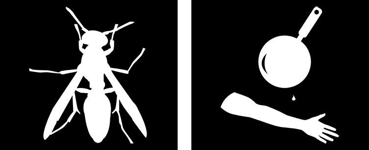 Silhouette of a paper wasp next to a silhouette of an arm and a pan suspended above it, with a drop of oil about to land on the forearm