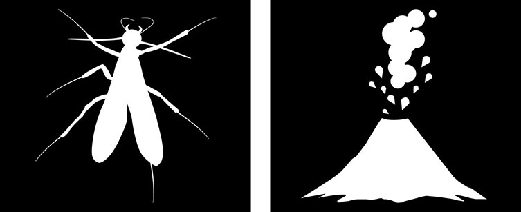 Silhouette of a warrior wasp next to a silhouette of an erupting volcano