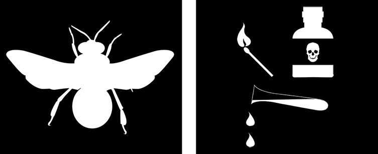 Silhouette of a western honeybee next to a silhouette of a bottle with skull on it, a lit match and a dripping test tube