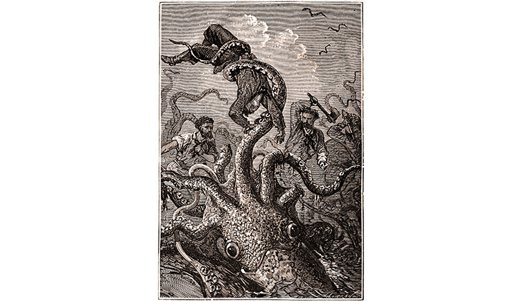 A giant squid holding onto a sailor with it's tentacles