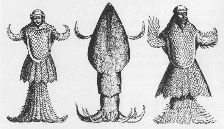 An illustration of a squid  between two scaled, humanoid figures