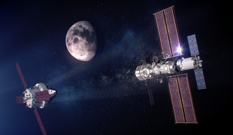An artist's impression of an Orion spacecraft approaching Gateway in front of the Moon