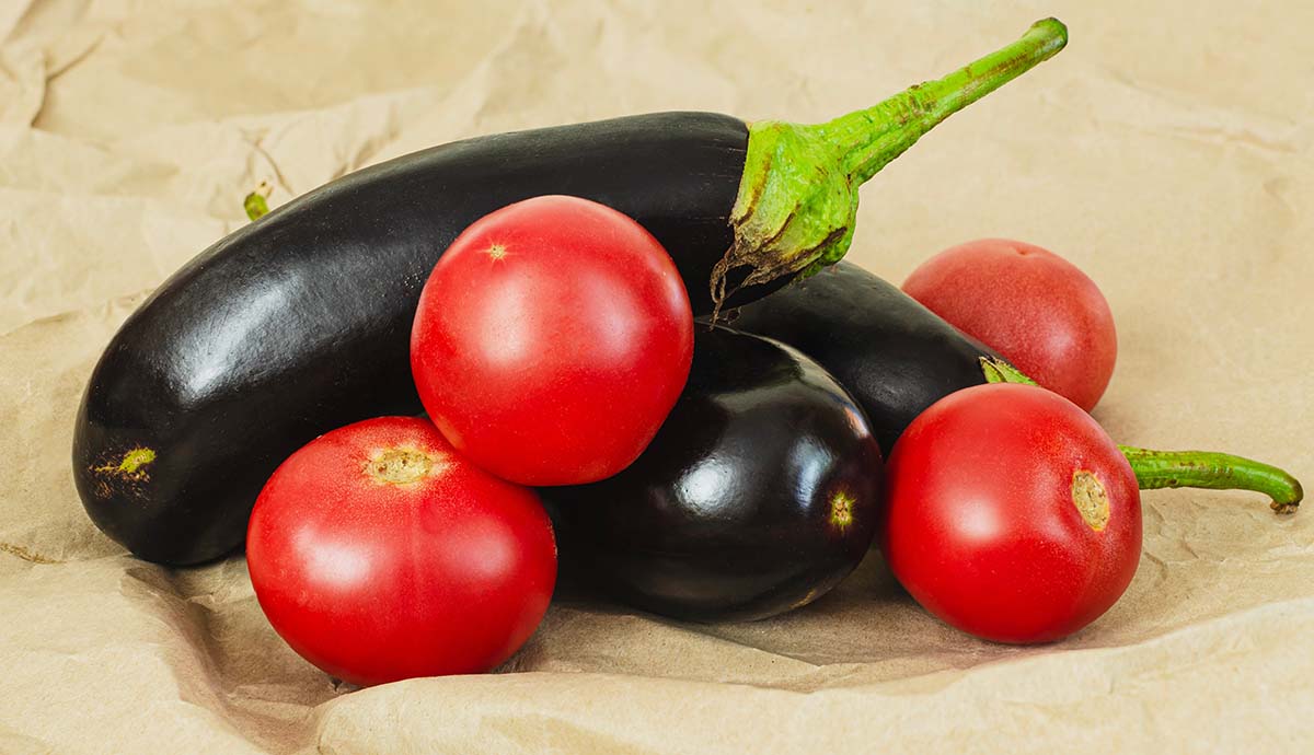 A pile of three tomatoes and three aubergines on brown paper.