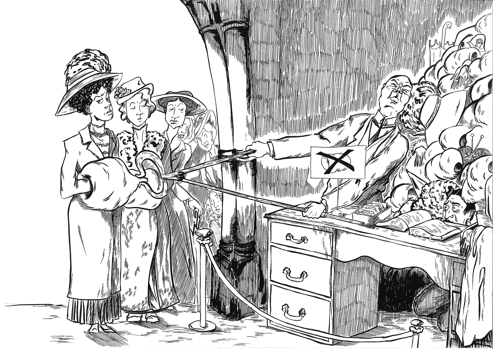 Satirical drawing of wary cloakroom staff collecting women's parcels, umbrellas and muffs at the entrance to the Museum. Illustration by Florence Okoye