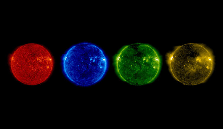 The Sun in different colours seen at differnt ultraviolet wavelengths