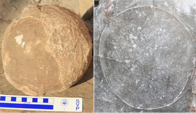 An unhatched sauropod egg (left) and the outline of a fossilised shell in the ground (right)