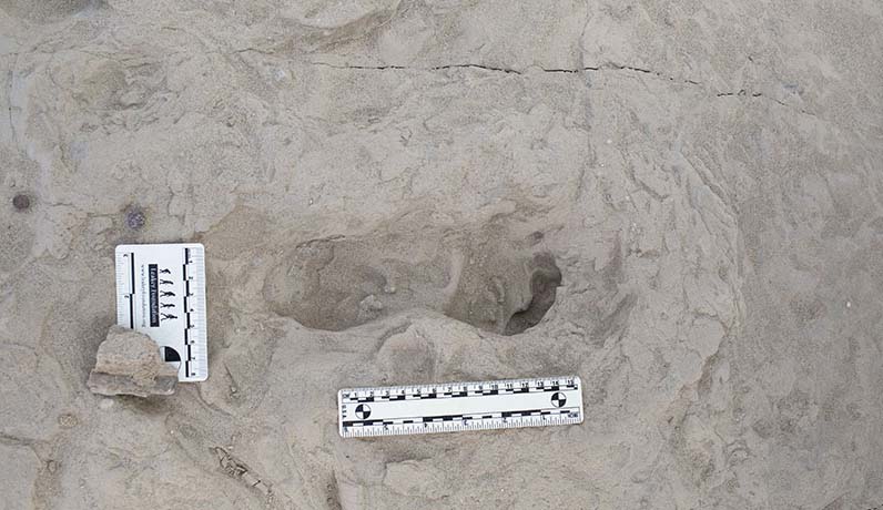 A human-looking footprint in rock, with two rulers used to measure its height and width.