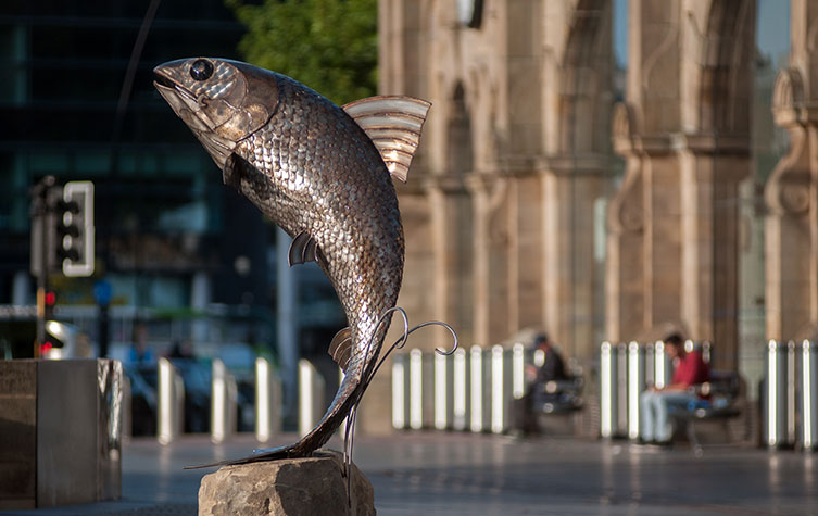 A statue of a salmon