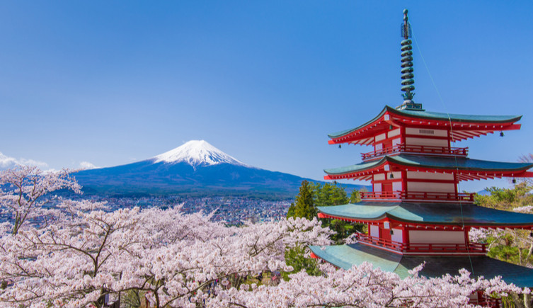 A pagoda stands over cherry blossoms, with Mount Fuji in the background