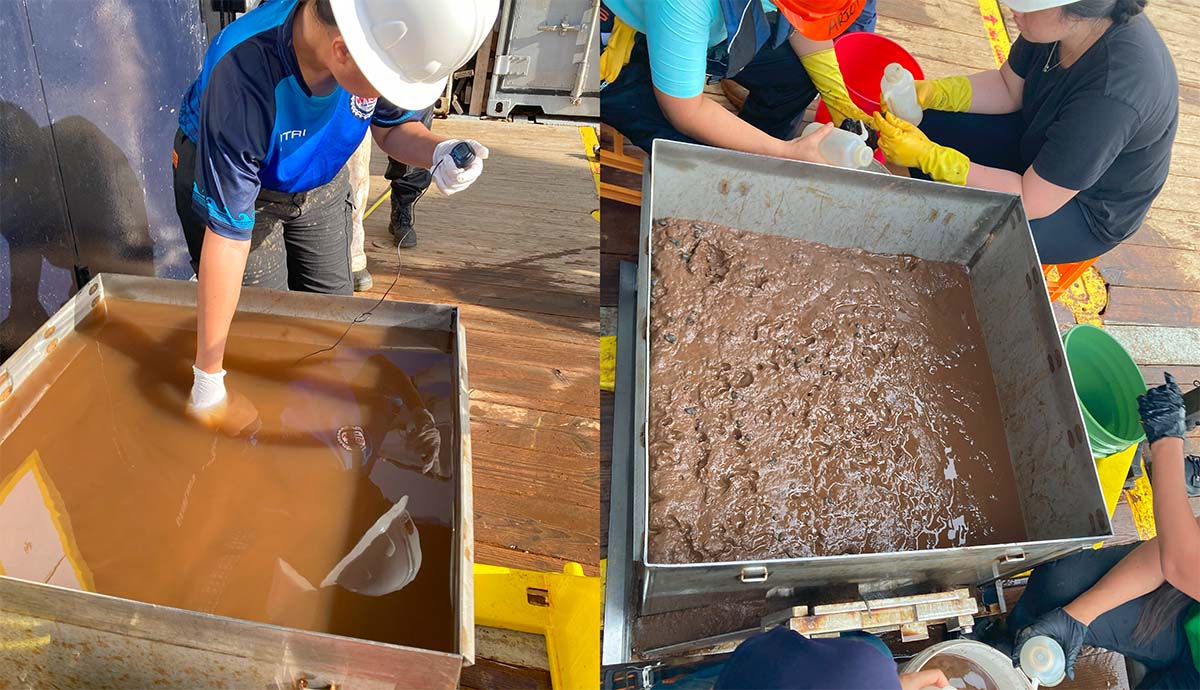 Left - a researcher takes measurements from a metal box full of water, and right - a metal box full of mud with black nodules in.