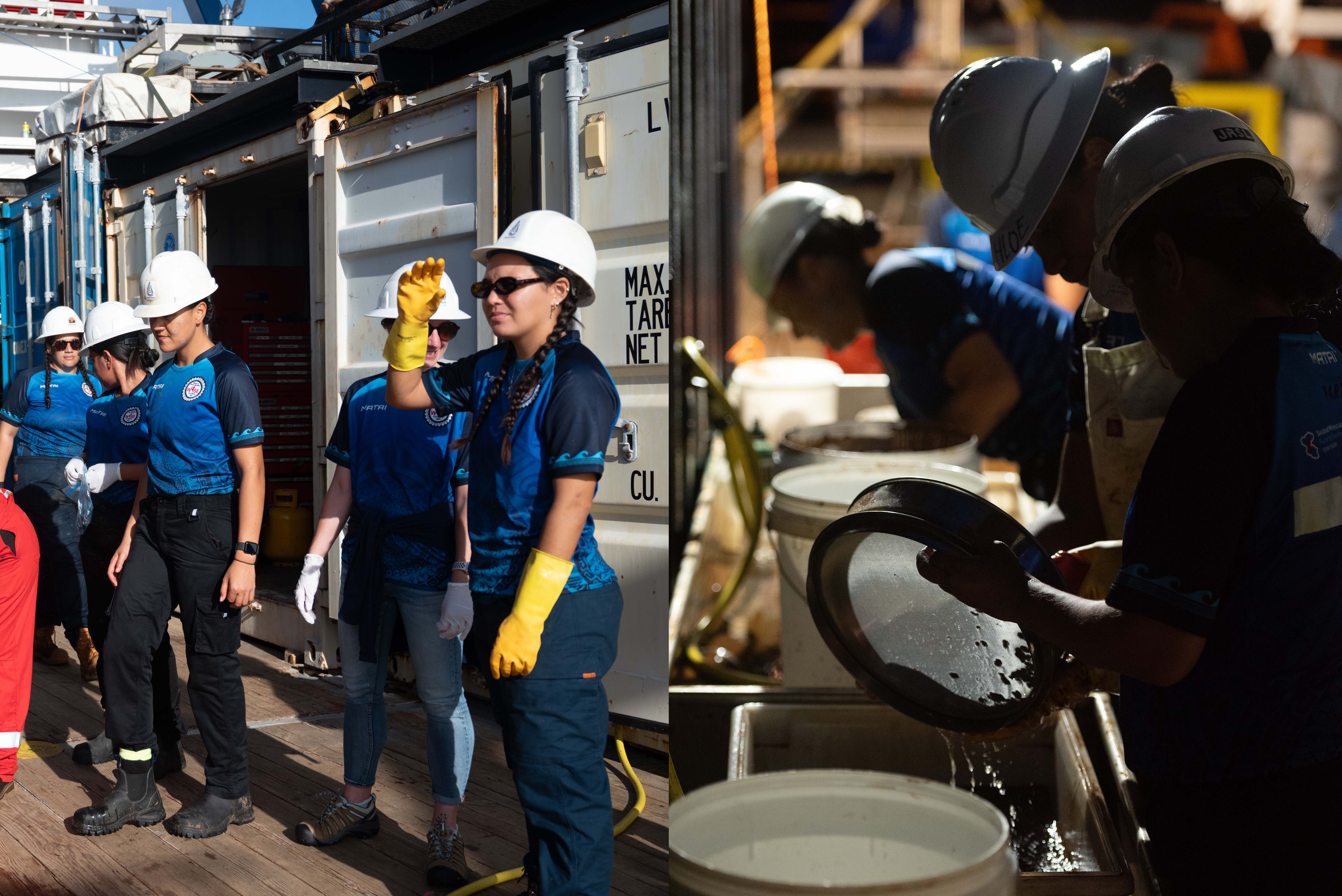 Left - the team on deck during the day, and right - sorting through samples in the dark.